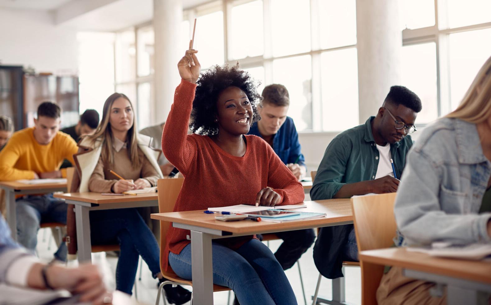 Smiling students in a classroom